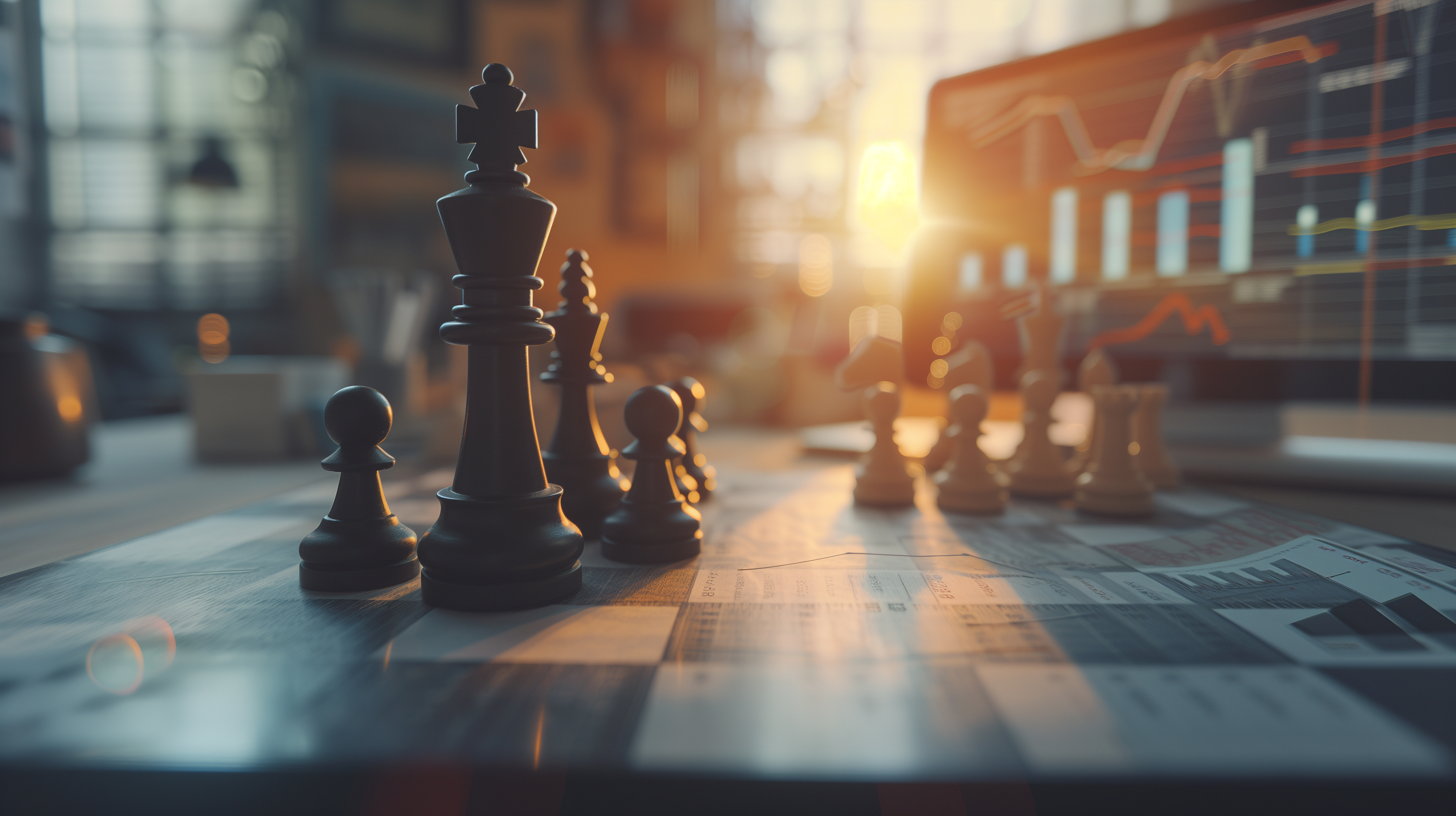 Chess board strategically placed on an office desk, with chess pieces symbolizing business moves against a backdrop of financial charts and graphs.