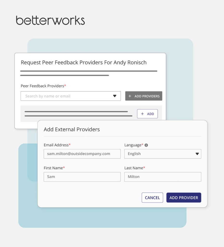 Images shows how external feedback can be safety and easily requested from customers, vendors, and partners from within the Betterworks platform.
